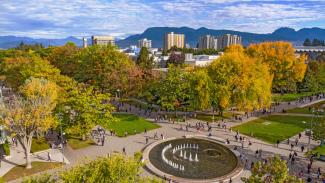 UBC Vancouver campus aerial shot over a fountain