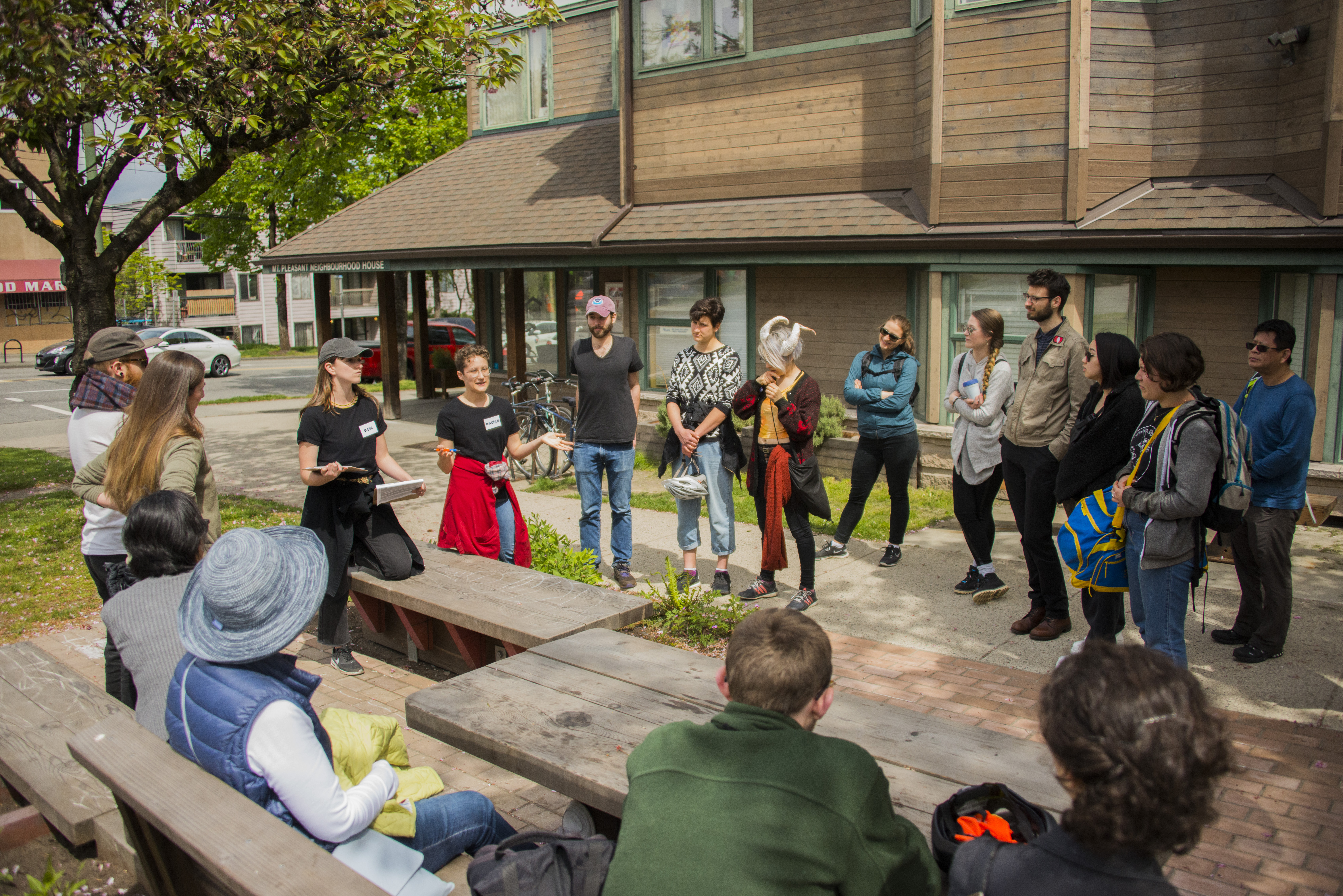 Emi Webb and Adele Therias leading a Resilience walk workshop in Mount Pleasant, Vancouver.
