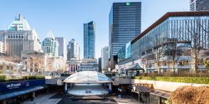 Panoramic image of Robson Square with Downtown Vancouver buildings in the background